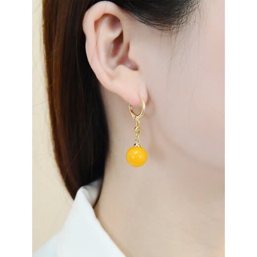 Yadige natural beeswax earrings chicken oil yellow amber round bead earrings 14K gold-filled women's simple fashionable face-shaping earrings