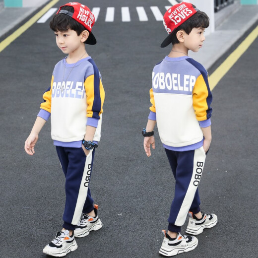 Balabo children's clothing boys' suits autumn and winter 2020 new medium and large children's suits plus velvet thickened warm sweatshirt pants fake three-piece Korean style fashion handsome boy suit blue 140 size [recommended height is about 130CM]