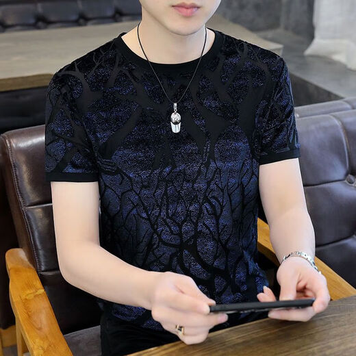 ZHIDOUDOU T-shirt à manches courtes creux en soie glacée pour hommes européens floqués 2023 hauts d'été vêtements à la mode pour hommes 3893 bleu M -120Jin Jin équivaut à 0,5 kg