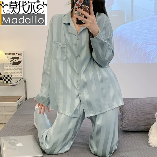 
Modal 2023 new pajamas for women in spring and autumn ice silk long sleeve internet celebrity high-end simulated silk home clothing set summer 9903 checkered green XL