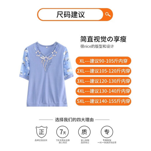 俞兆林（YUZHAOLIN）中老年女装妈妈夏装短袖T恤冰丝上衣2025新款经典款式 FQLH698  蓝色+卡其三角裤) 3XL (120-130斤)