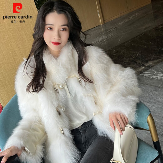 皮尔卡丹皮草外套女2024冬新款气质名媛狐狸毛短款皮毛一体水貂毛绒大衣 奶白色 M