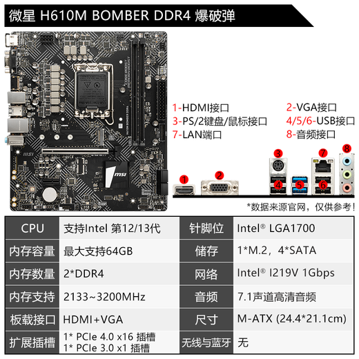 微星（MSI）12/13代/14代CPU主板套装i3 13100f 14100f 12100f 散片 H610M BOMBER DDR4 爆破弹 12代i3-12100F散片【三年店保】