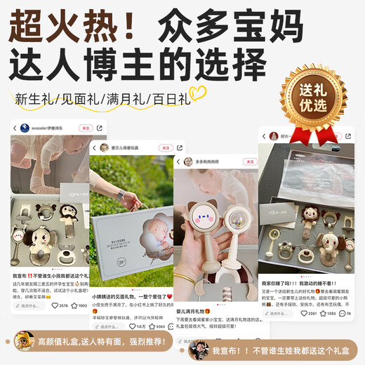 Cute Stone Babyspielzeug, 0–1 Jahre alt, Handrassel, Neugeborenenbiss, beruhigend, hochwertige Geschenkbox, Einjähriges Geschenk, Vollmond, 0–6 Monate, Rassel, 10-teiliges Set, Geschenkbox + visuelle Stimulationskarte, gemeinsam hergestellt von Maybelle und Cute Stone