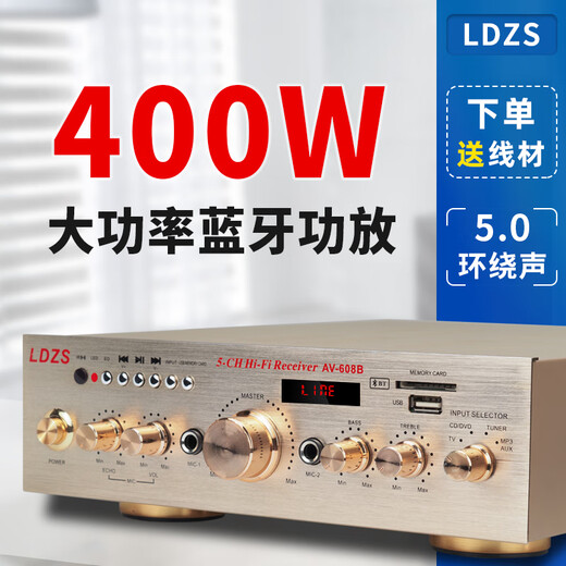 LDZS220V大功率蓝牙功放机家用K歌U盘插卡发烧5.0环绕立体声舞台400WHifi空放机 608B金色