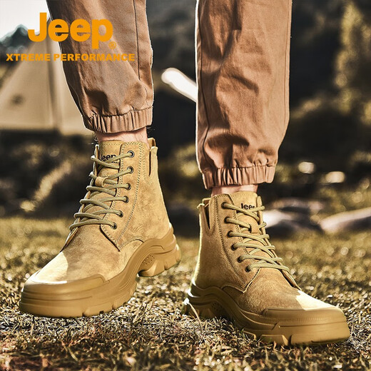 Jeep吉普男靴轻便户外秋冬季高帮马丁靴男女情侣款防滑加绒徒步登山鞋 驼色（女款-运动码）单层 37