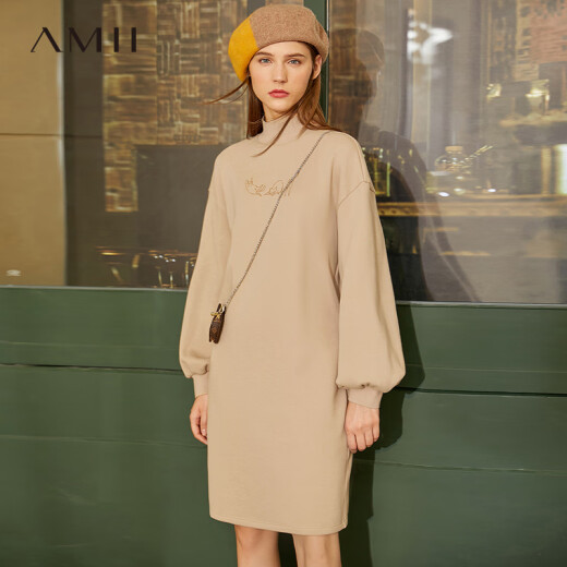 Amii minimalist knitted velvet dress new winter loose shoulder sleeves cat embroidered women's skirt khaki 160/84A/M