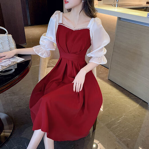 
White Mu Mu Toast Red Dress for Women's Native Year Bride Sense Red Skirt Small Dress Engagement Can Be Wear Red Five-Cents Sleeve High Quality L Recommended 100-120Jin [Jin equals 0.5 kg]