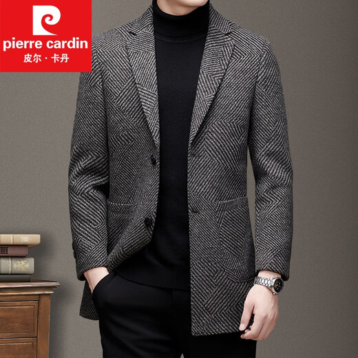 皮尔卡丹2022冬季新款羊毛大衣男外套西装领中年条纹中长款毛呢大衣针织 咖色 L 175