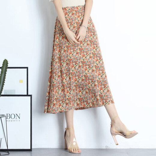 Oasi Mai chiffon skirt for women summer high waist slim floral mid-length printed fashion DF-2860 orange one size fits all