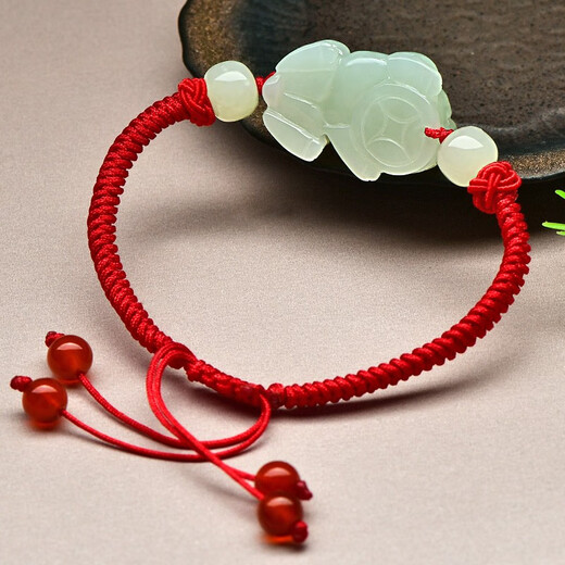 Tausendjähriges Jade-Hetian-Jade-Armband, Jade Pixiu-Armband von Männern und Frauen, handgewebte rote Seilarmband, Jade handbewegt [Stil zwei qzd1283i] Damen-rote Seilstil für Frauen
