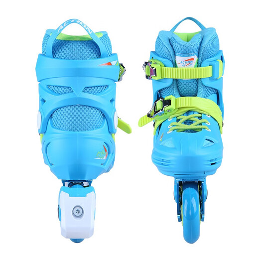 Dynamic (ACTION) skates for children, beginners' fancy shoes, adjustable size roller skates for boys and girls, locking wheel flat roller skates, full set of roller skates, light and shadow blue, set of 2 shoes + 912 helmet + turtle protective gear + bag L 36-39 size