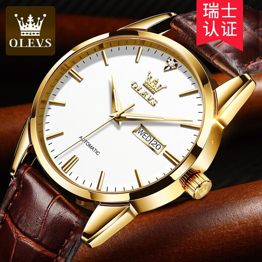 Olis Brand Herren automatische mechanische Uhr Neue leuchtende wasserdichte Schmetterlingsschnalle-Schnalle-Gürtel Doppelkalender Valentinstag Geschenke Wache OLS-6629 Männer-braune Leder weißes Gesicht
