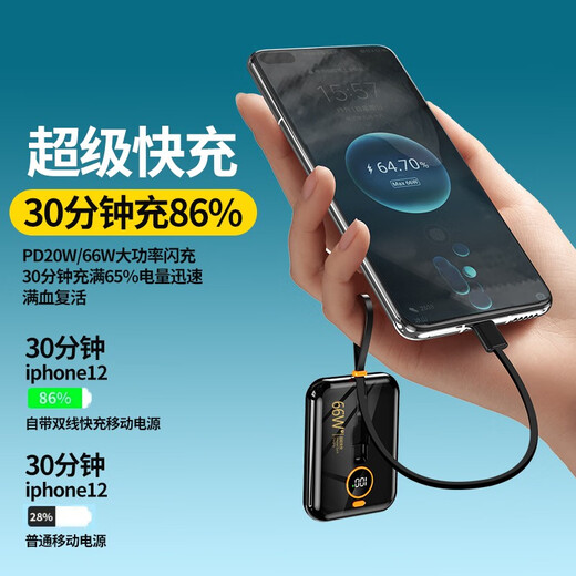 AOBNTECH 3C certified mini, comes with dual-wire 66W super fast charging power bank, 20,000 mAh, super large capacity, can be used on airplanes, portable, compact, suitable for Huawei and Apple phones, piano black, comes with dual-wire super fast charging, standard version