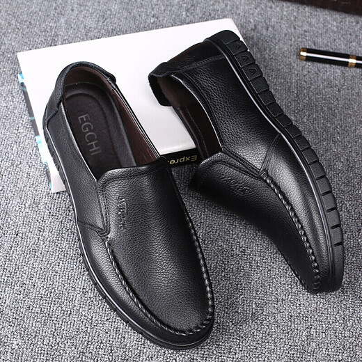 ECHI new business casual shoes men's leather shoes large size toe-layer cowhide middle-aged shoes 36274 black 44