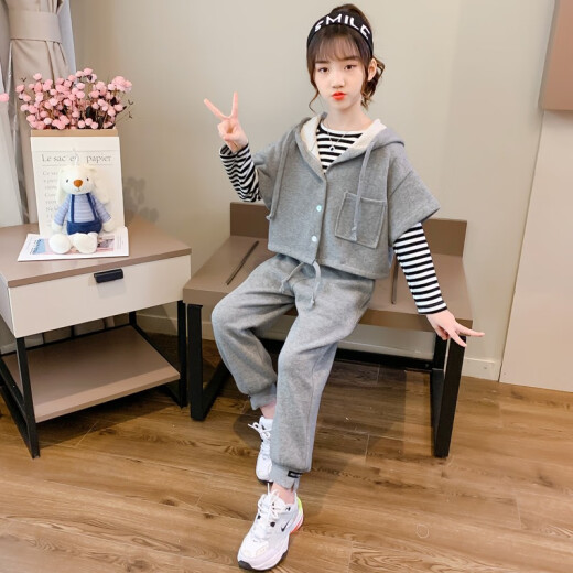 Hale Sheep Girls' Suit Children's Sports Three-piece Sweater 2021 Autumn and Winter Jacket New Medium and Large Children and Primary School Students Casual Plush Velvet Thickened Knitted Clothes and Pants Little Girls Suit Picture Style 150 Recommended Height Around 140