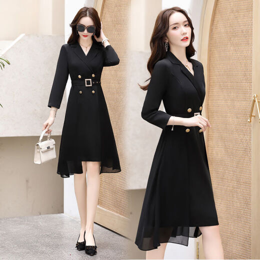 Xinshi Yayue Dress Autumn Women's Long Sleeve 2020 New Mid-Length Small Solid Color Temperament Slim Slim Fashion Windbreaker Dress Black XL