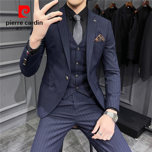 Pierre Cardin suit men's suit trendy Korean version slim fit British groom wedding dress business professional formal casual suit 2 feet green striped suit + trousers + vest with L 50/115Jin Jin equals 0.5 kg to wear