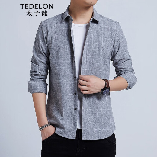TEDELON long-sleeved shirt men's plaid Korean style slim fashion top business casual lapel versatile shirt men's T03101-86 light gray XL/40