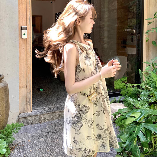 
Miaoyijia new Chinese suspender dress for women's skirt summer women's clothing 2025 summer new style floral pure and lustful small person ink and wash neck dress [one size]
