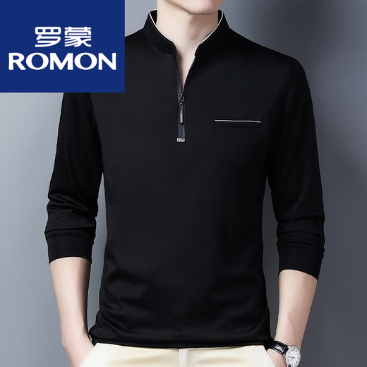 罗蒙（ROMON）棉长袖t恤男休闲薄款体恤上衣春秋季中年男装立领打底衫 长袖薄款6623上青 175/XL建议140-160斤