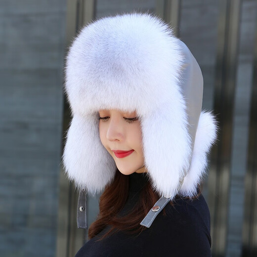 Luomei Huarou fox fur hat for women in winter trendy outdoor warm ski fur hat sheepskin hat top raccoon fur hat casual fashion Lei Feng hat blue fox natural leather hat top S head circumference 54cm-56cm