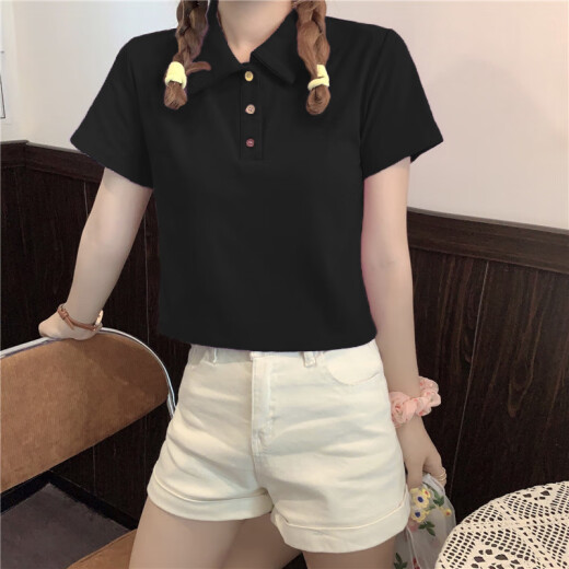 [Brand Direct] Short-sleeved T-shirt for women slim-fitting short student lapel polo shirt Korean version slimming Japanese top ins black M