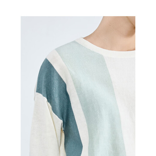 INMAN pure linen series spring and autumn ramie cotton round neck personalized splicing fashion versatile slimming pullover sweater for women [1893 light aqua M