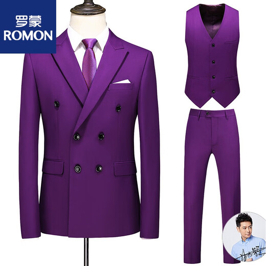 ROMON2022 men's large size suit three-piece double-breasted solid color suit business formal sapphire blue L