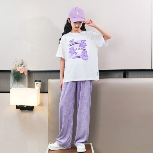 Pig Pitt (Pig/Peter) Girls Summer Sweet Set 2025 New Fashionable Children's Medium Medium Grande para niños Set de dos piezas de dos piezas Ropa informal de verano 15009 Purple + 9905 White 140 cm