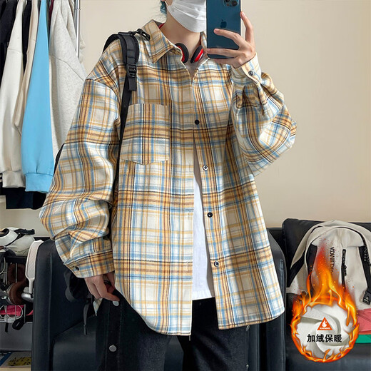 Xuanfanduo American Retro Trendy Plaid Velavet à manches longues Chemise épaissie Mend Men's Automne et Hiver Nouvelle veste de chemise polyvalente C9734 Rose rouge M Recommandé 90-110Jin [Jin est égal à 0,5 kg]