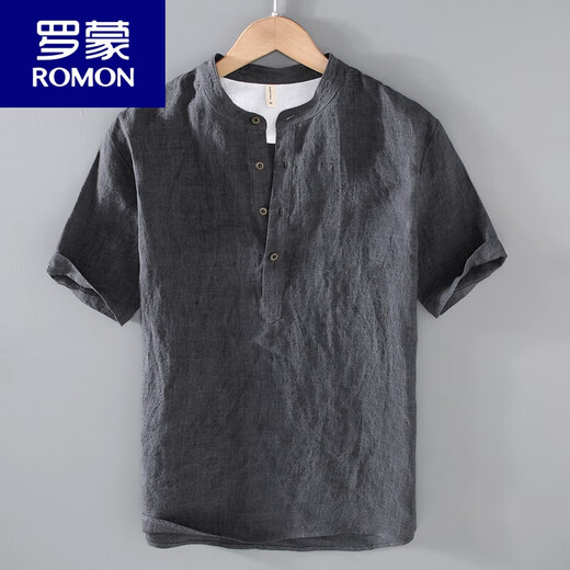 罗蒙（ROMON）纯亚麻短袖t恤男士夏季棉麻T恤麻布衣服复古休闲透气立领麻料上衣 JM280灰色 XL