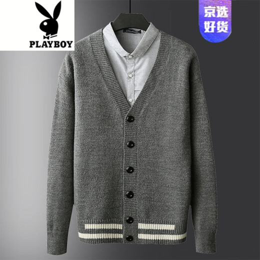 Playboy Brand Official Store 2020 Men's Spring and Autumn Knitted Cardigan Sweater Men's Korean Style Trendy Casual Japanese Jacket Sweater Youth Outerwear 8858 Dark Gray M