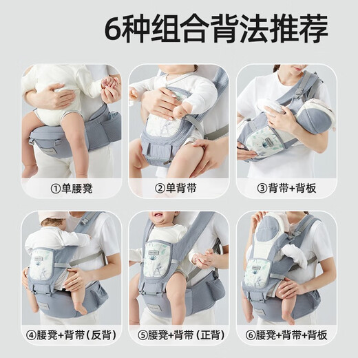 贝肽斯腰凳婴儿背带前抱式0-36个月前后两用新生儿宝宝多功能背娃神器 【加宽33%凳芯】透气款-卡斯灰/送抗菌口水巾*1