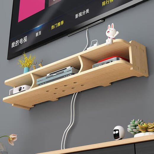 Epson storage rack solid wood punch-free router wireless wifi living room TV set-top box wall-mounted partition rack (pure solid wood) double-layer deepened large 80cm with accessories