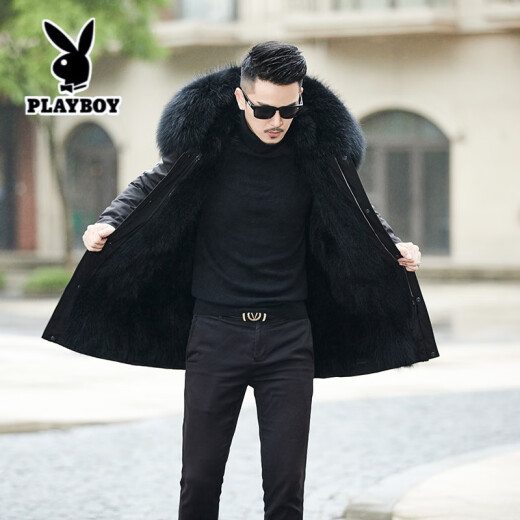 Playboy (Premium Exclusive) Parka Men's Medium-Length Haining Genuine Leather Coat Rex Rabbit Fur Integrated Raccoon Fur Collar Fur Jacket Winter Raccoon Fur Liner-ZM Style L