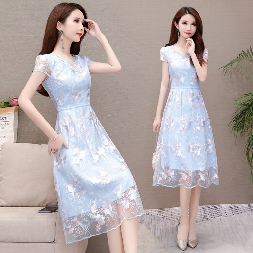 Buxianggong chiffon dress for women summer 2020 new fashion slim fit short-sleeved printed sexy lace dress women's fake two-piece suit dress summer women's beach skirt sky blue please take the corresponding size