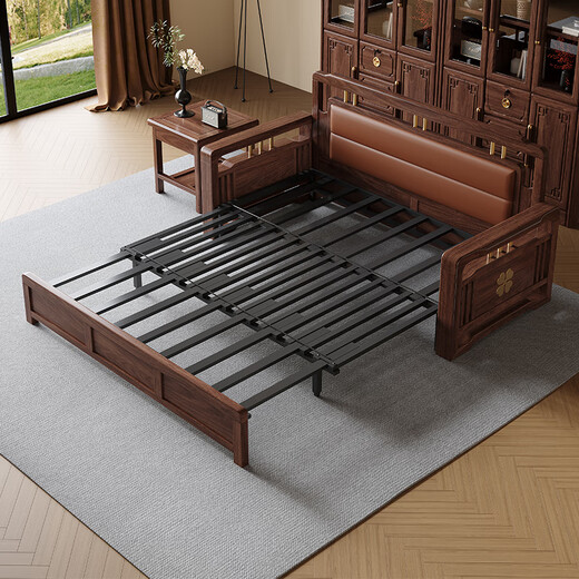 Caibaimu-Schlafsofa aus schwarzem Walnuss-Massivholz-Schlafsofa, All-in-One-Dual-Purpose-2025-Push-Pull-Kleinwohnungs-Wohnzimmer-Massivholzbett, 1,8-Meter-Schlafsofa, verbesserte Latex-Stil-Montage
