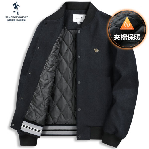 与狼共舞内里夹棉羊毛呢夹克男2024秋冬男士外套衣服金丝刺绣棒球服男13E 黑色-1372 2XL (185)