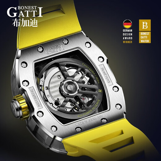 Bonest gatti watch masculin allemand entièrement automatique creux mécanique montre mécanique lumineuse vitier baril de baril pour hommes givrés de petit ami de petit ami argenté jaune BG9903-a