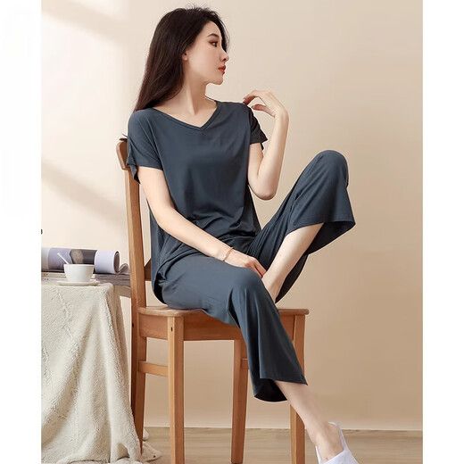 莫代尔睡衣女士夏季短袖九分裤薄款2025年新款家居服套装带胸垫可外穿 YM841灰色(带胸垫) L