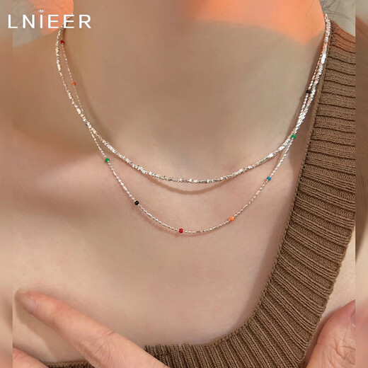 Lnieer silver broken several taels of silver necklace women's clavicle chain stacked high-end S925 silver iu same style rainbow bean bead necklace colored beads broken silver necklace looks great when worn alone or stacked