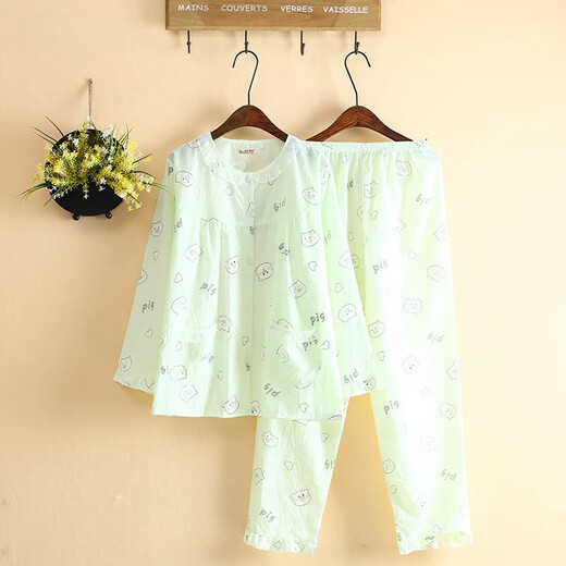 Japonais mignon pyjamas en tissu pour femmes au printemps et en été à manches longues minces dessin animé artificiel coton tissu tissu à la maison ensemble 1422 caricatures verte cochon 2xl 125-140jin [Jin est égal à 0,5 kg]