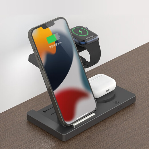 MOYi wireless charger three-in-one fast charging, suitable for Samsung S25 mobile phone, Apple iPhone headset, iWatch Ultra watch, desktop vertical charging base bracket, cool black, wireless fast charging, soft light night light