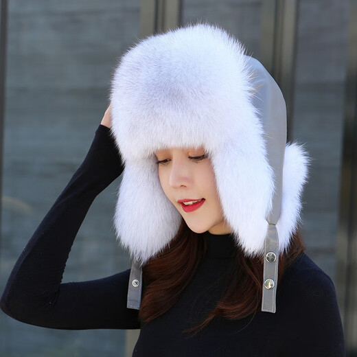 Luomei Huarou fox fur hat for women in winter trendy outdoor warm ski fur hat sheepskin hat top raccoon fur hat casual fashion Lei Feng hat blue fox natural leather hat top S head circumference 54cm-56cm