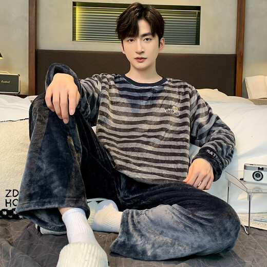 
Pajamas men's autumn and winter thickened coral coral velvet teenager students round neck warm winter home clothing set KZY3890 Men's 2XL code recommended 180CM (150Jin [Jin equals 0.5 kg])