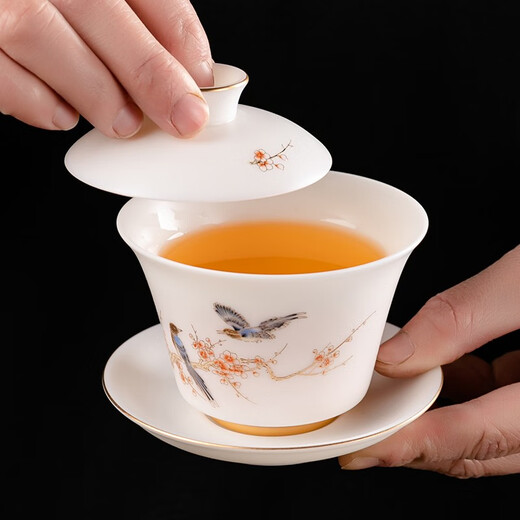 Shengye Mingdao Kung Fu Tea Set Set Suet Fat Jade Ceramic Tea Cup Fair Cup Lid Bowl Home Gift Box Set Happy Eyebrows - Chinese White 10 pieces