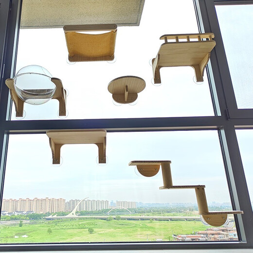 吸盘猫墙壁挂式免打孔玻璃猫爬架吊床实木猫窝豪华大型梯子太空舱猫抓板耐磨耐抓磨爪猫玩具上墙家具 豪华套餐