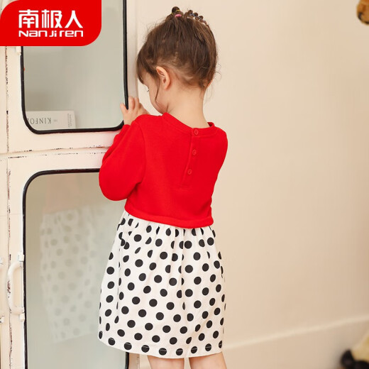 Nanjiren Children's Clothing Girls Dress Spring Children's Skirt Fashion Splicing Knitted Dress Girls Cartoon Baby Skirt Polka Dot Little Sun-Big Red 110