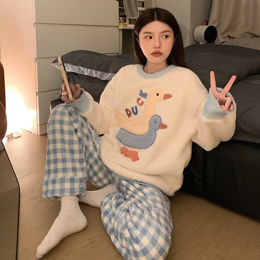丹俏丽加厚珊瑚绒睡衣女士秋冬季甜美可爱卡通鸭子格子半边绒家居服套装 #m-5009 加厚款 M  75-100斤